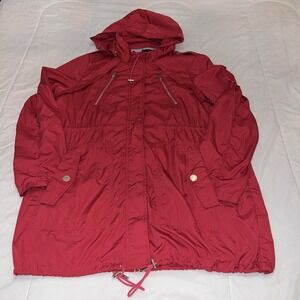 Tommy Hilfiger Red Windbreaker Large Jacket Womens Hooded Zip-Up Long Sleeve